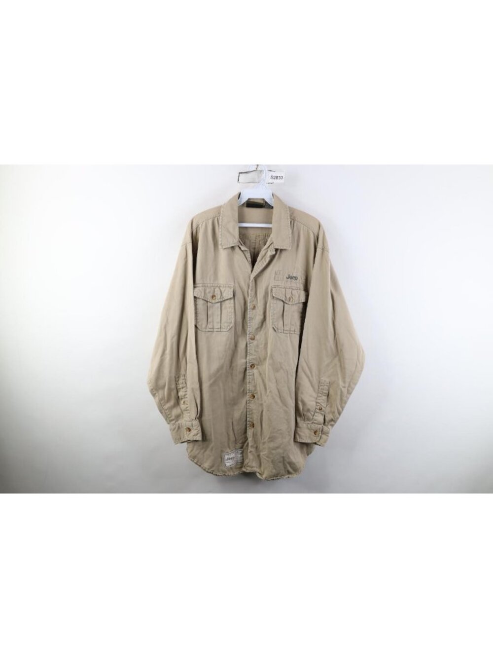 Vtg 90s Y2K Jeep Motor Co Mens Medium Faded Military Style Button Shirt Beige
